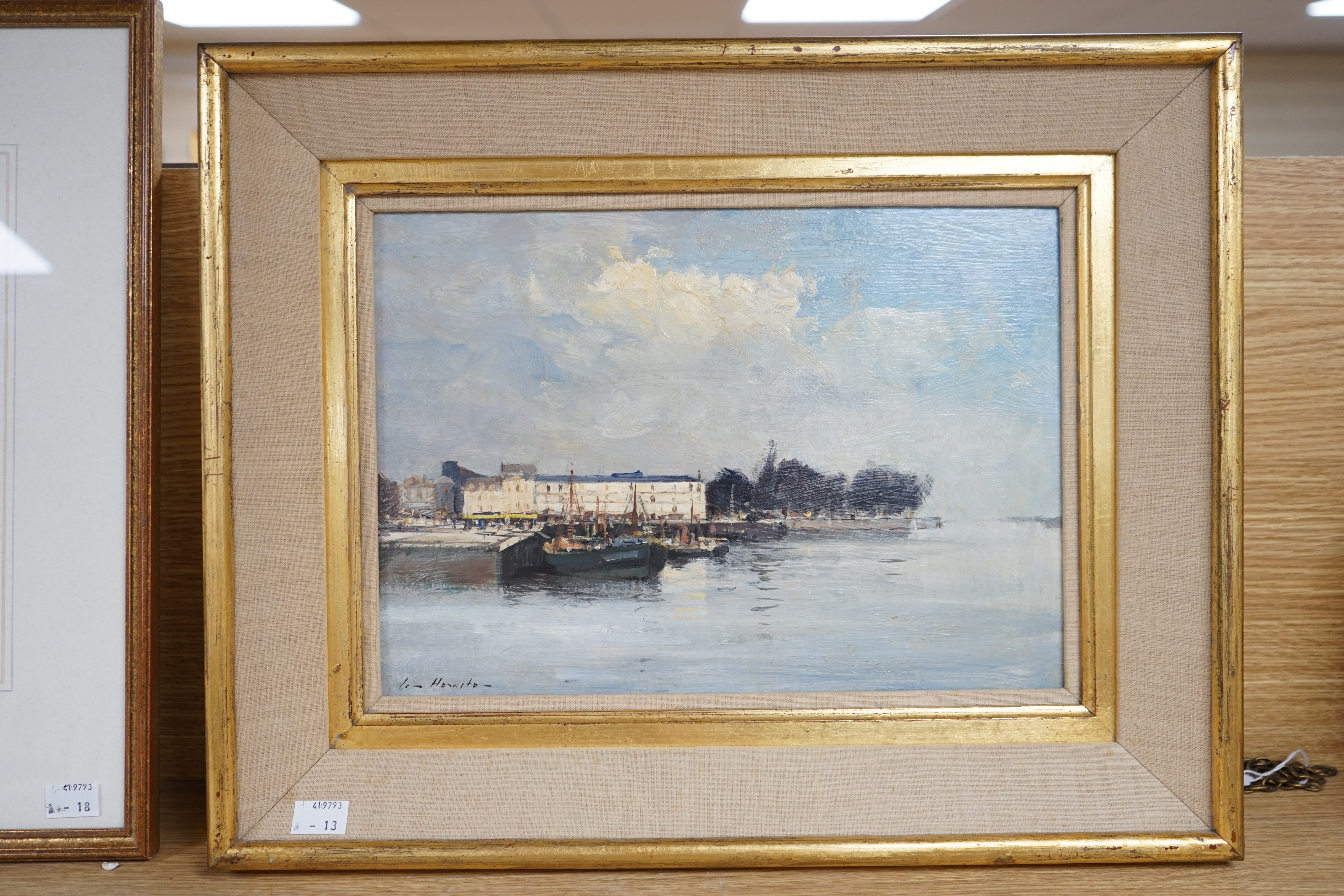 Ian Houston (1934-2021), oil on board, ‘’Honfleur Quayside’’, signed, 24 x 34.5cms